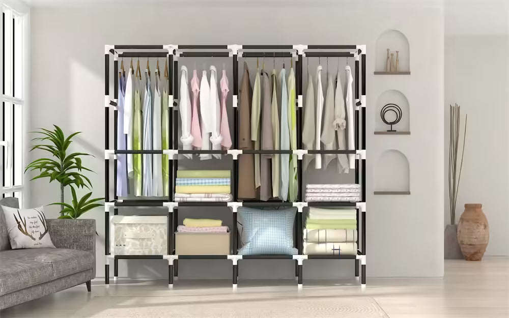 Organize with Ease: LEEGOHOME 64in/80in Fabric Wardrobe Closet with Storage Shelves & Hanging Rods