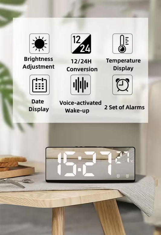 Voice Control Digital Alarm Clock – Temperature Display, Dual Alarm, Snooze, Night Mode, 12/24H LED Desk Clock