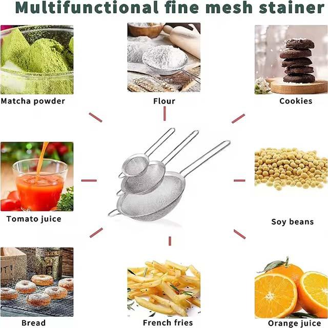 Stainless Steel Fine Mesh Strainer Set (8cm/14cm/18cm) – Oil Strainer, Flour Sieve & Sifter for Baking & Cooking