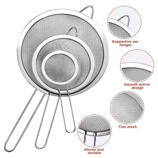Stainless Steel Fine Mesh Strainer Set (8cm/14cm/18cm) – Oil Strainer, Flour Sieve & Sifter for Baking & Cooking