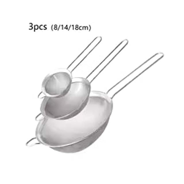 Stainless Steel Fine Mesh Strainer Set (8cm/14cm/18cm) – Oil Strainer, Flour Sieve & Sifter for Baking & Cooking