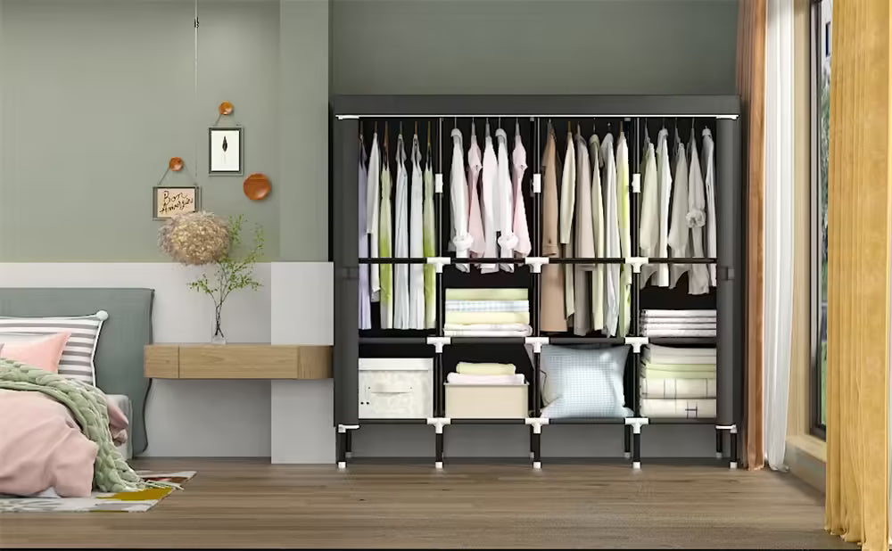 Organize with Ease: LEEGOHOME 64in/80in Fabric Wardrobe Closet with Storage Shelves & Hanging Rods