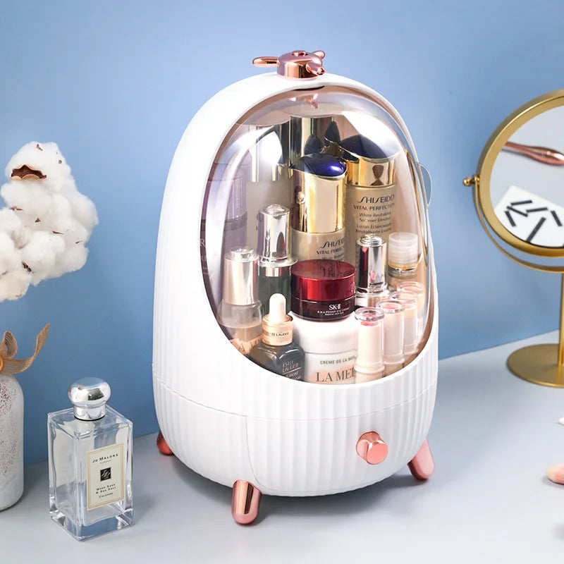 Organisateur de Rangement Cosmétique Anti-Poussière avec Lumière LED – Boîte de Rangement Portable Maquillage, Soins de la Peau & Bijoux pour Coiffeuse de Chambre