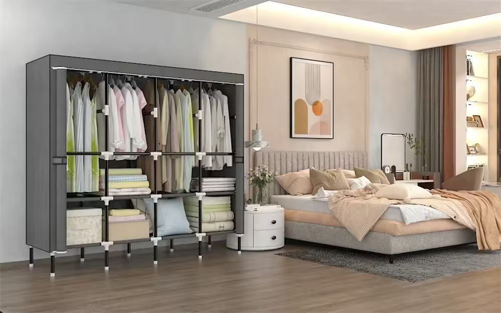 Organize with Ease: LEEGOHOME 64in/80in Fabric Wardrobe Closet with Storage Shelves & Hanging Rods