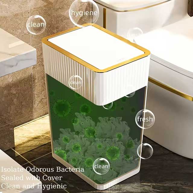 15L Nordic Gold Bathroom Trash Can – Slim Covered Trash Bin with One-Touch Lid for Bathroom, Toilet, Kitchen, Living Room & Bedroom