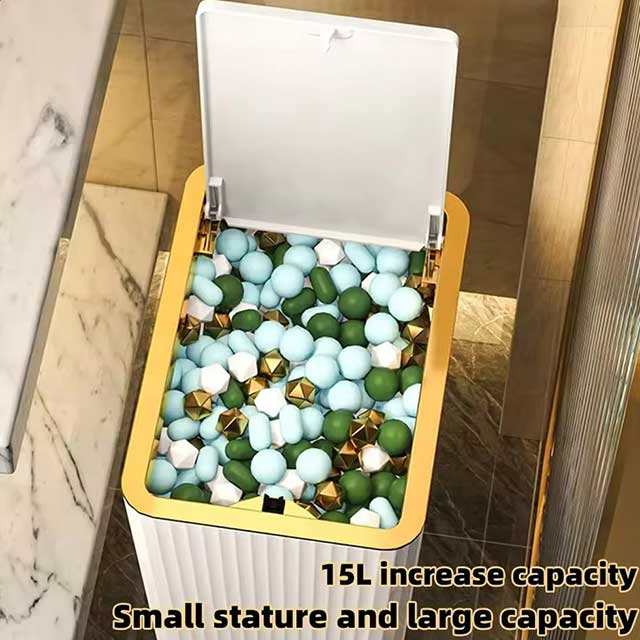 15L Nordic Gold Bathroom Trash Can – Slim Covered Trash Bin with One-Touch Lid for Bathroom, Toilet, Kitchen, Living Room & Bedroom