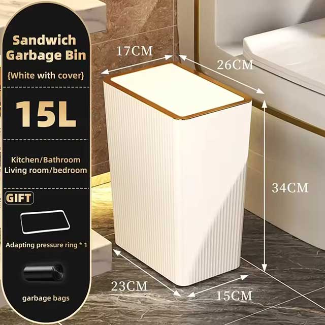15L Nordic Gold Bathroom Trash Can – Slim Covered Trash Bin with One-Touch Lid for Bathroom, Toilet, Kitchen, Living Room & Bedroom
