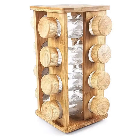 16-Jar Revolving Spice Rack – Rotating Countertop Herb & Seasoning Organizer, Space-Saving Spinning Tower with Refillable Jars, Modern Kitchen Spice Shelf Set