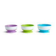 Munchkin® Stay Put Suction Round Bowls، بلاستيك، متعدد الألوان، 3 عبوات