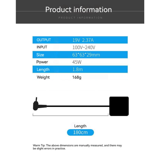 19V 2.37A Laptop Charger – AC Adapter for Acer Spin 3 SP314-51 / SP314-52