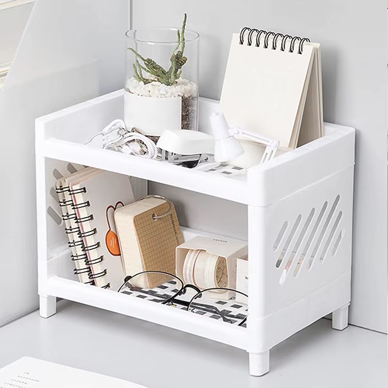 رف تخزين مكتبي مزدوج الطبقات قطعة واحدة – منظم مستطيل أبيض من البولي بروبلين – رف موفر للمساحة لمكتب الطلاب، وقرطاسية المكتب ومستحضرات التجميل