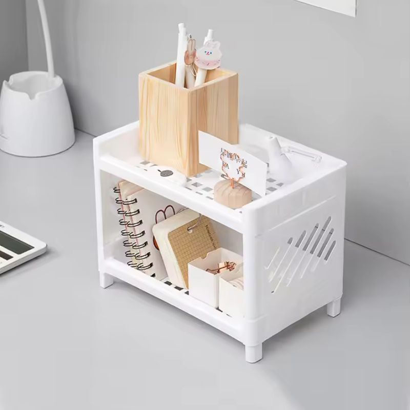 1 casier de rangement double couche pour bureau – Organisateur rectangulaire en PP blanc – Étagère peu encombrante pour bureau d'étudiant, papeterie de bureau et cosmétiques