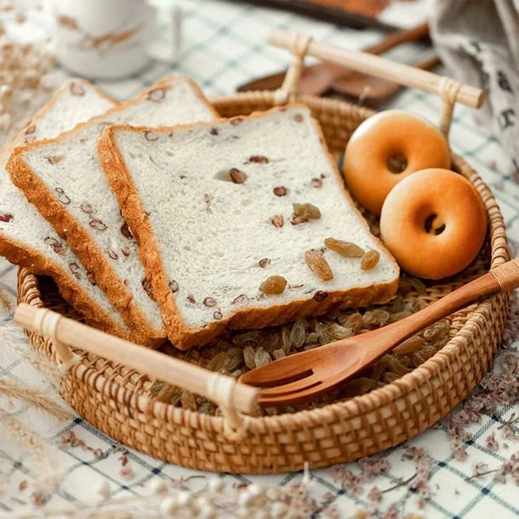 Plateau de service rond en rotin avec poignées – Plateau décoratif pour le petit-déjeuner, les collations et les boissons