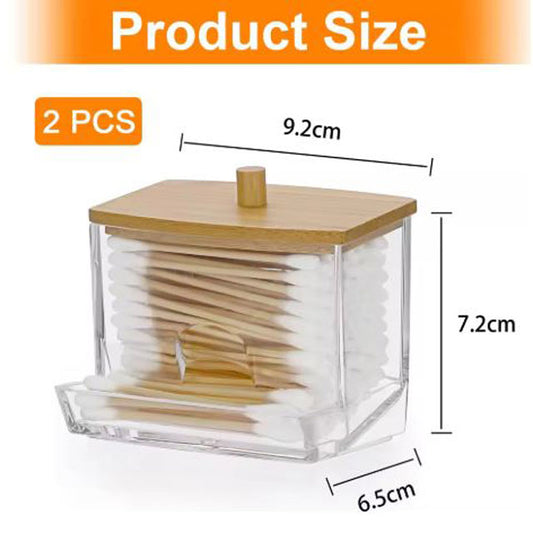 1pc Cotton Pad Holder - Bamboo Lid Dispenser, Clear Plastic Bathroom Storage Jar for Cotton Pads & Cosmetics