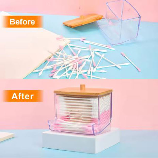 1pc Cotton Pad Holder - Bamboo Lid Dispenser, Clear Plastic Bathroom Storage Jar for Cotton Pads & Cosmetics