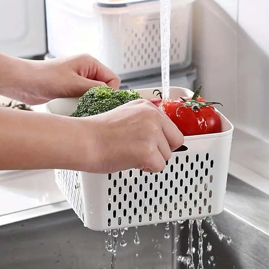 1pc Double-Layer Refrigerator Fresh-Keeping Box with Draining Basket – Dual-Use Food Storage Box for Freezing & Draining, Four-Sided Lock Buckle & Built-In Sealing Ring