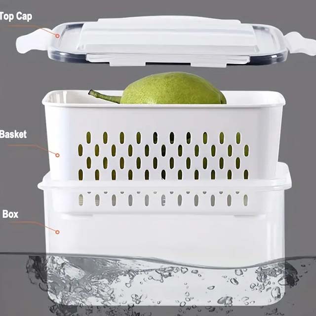 1pc Double-Layer Refrigerator Fresh-Keeping Box with Draining Basket – Dual-Use Food Storage Box for Freezing & Draining, Four-Sided Lock Buckle & Built-In Sealing Ring