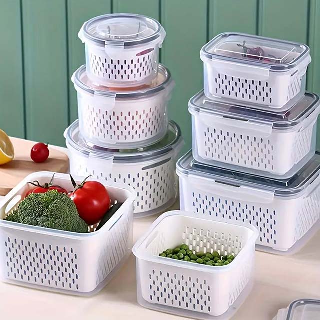 1pc Double-Layer Refrigerator Fresh-Keeping Box with Draining Basket – Dual-Use Food Storage Box for Freezing & Draining, Four-Sided Lock Buckle & Built-In Sealing Ring