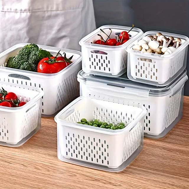 1pc Double-Layer Refrigerator Fresh-Keeping Box with Draining Basket – Dual-Use Food Storage Box for Freezing & Draining, Four-Sided Lock Buckle & Built-In Sealing Ring