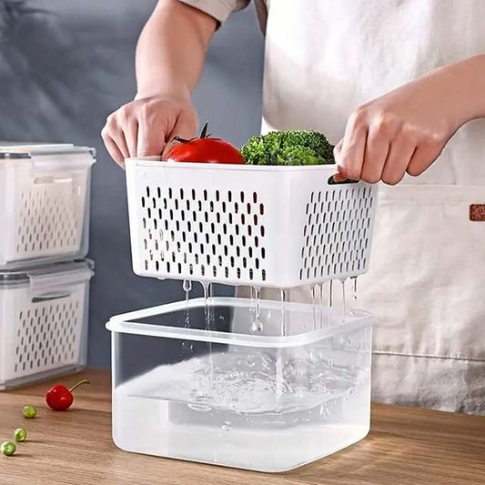 1pc Double-Layer Refrigerator Fresh-Keeping Box with Draining Basket – Dual-Use Food Storage Box for Freezing & Draining, Four-Sided Lock Buckle & Built-In Sealing Ring