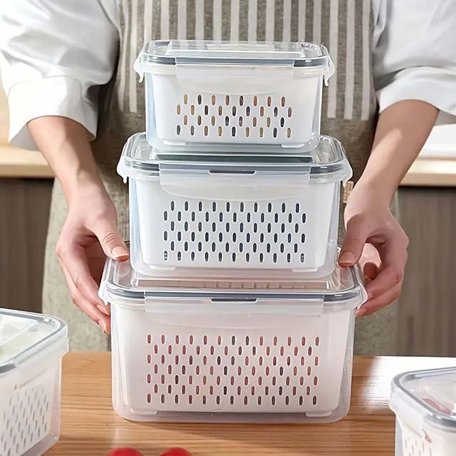 1pc Double-Layer Refrigerator Fresh-Keeping Box with Draining Basket – Dual-Use Food Storage Box for Freezing & Draining, Four-Sided Lock Buckle & Built-In Sealing Ring