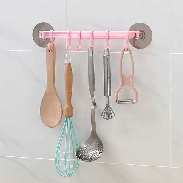 1pc Suction Cup Hook 6 Rows for Kitchen & Bathroom - Corner Suspension Hanger, Mark-Free, Durable