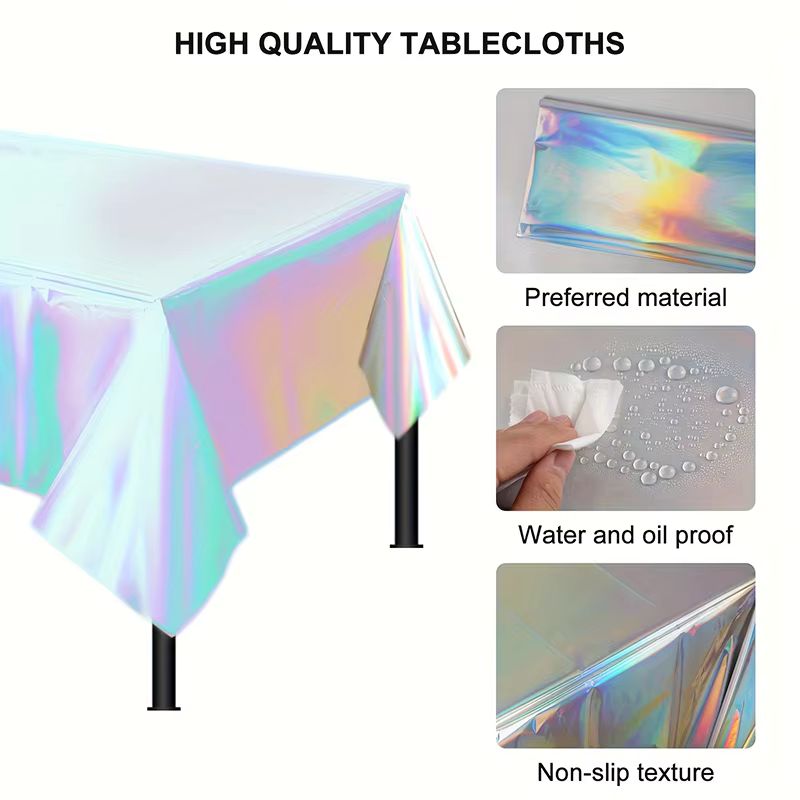 [137*183CM] 1pc Laser Rainbow Holographic Tablecloth – Iridescent Disposable Party Cover – Shiny Neon Table Decoration for Weddings, Birthdays, and Disco Festivals