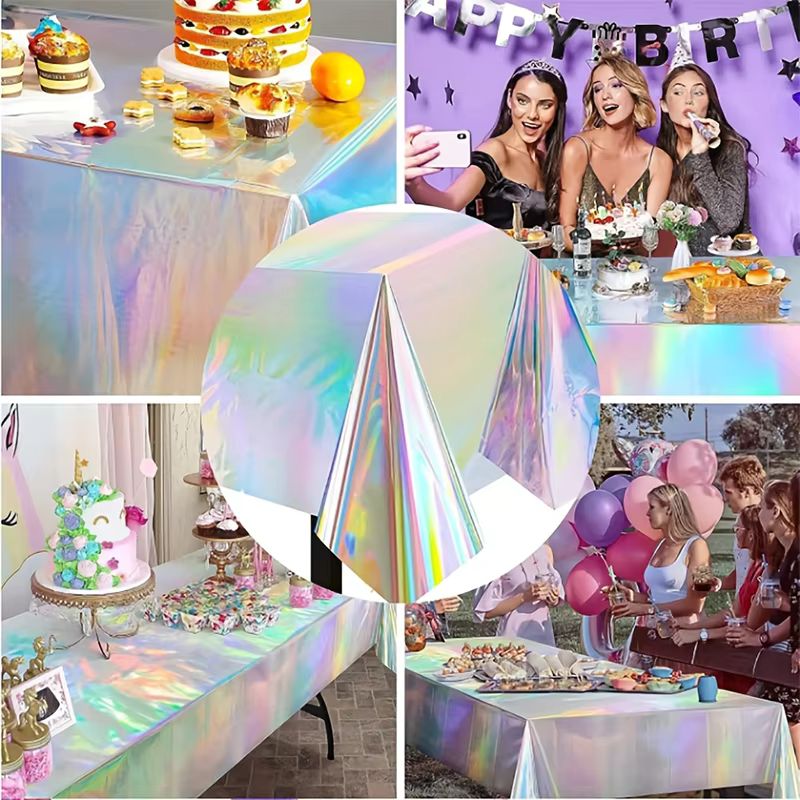 [137*183CM] 1 nappe holographique arc-en-ciel laser – Housse de fête jetable irisée – Décoration de table brillante fluo pour mariages, anniversaires et festivals disco
