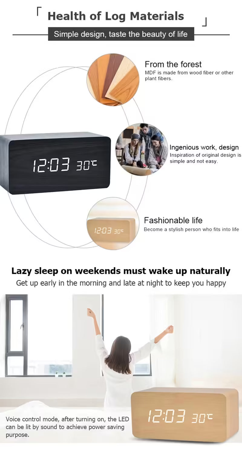 Wooden Digital Alarm Clock with LED Display – Temperature Desk Clock for Office & Bedside Use