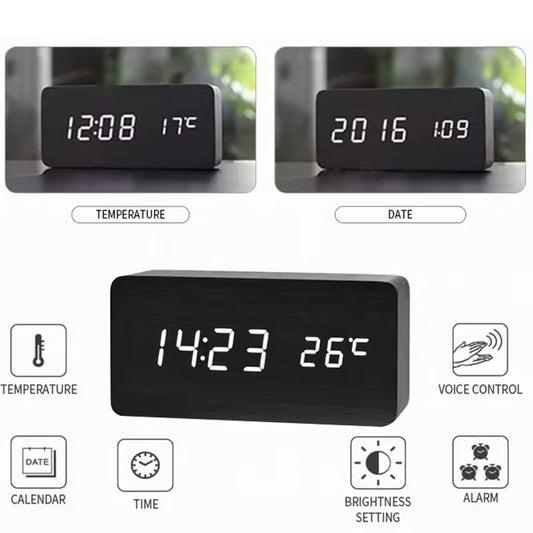 Réveil numérique en bois avec affichage LED – Horloge de bureau avec température pour le bureau et la table de chevet