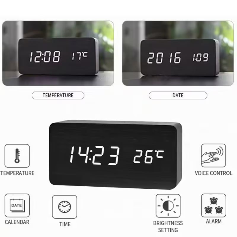 Réveil numérique en bois avec affichage LED – Horloge de bureau avec température pour le bureau et la table de chevet