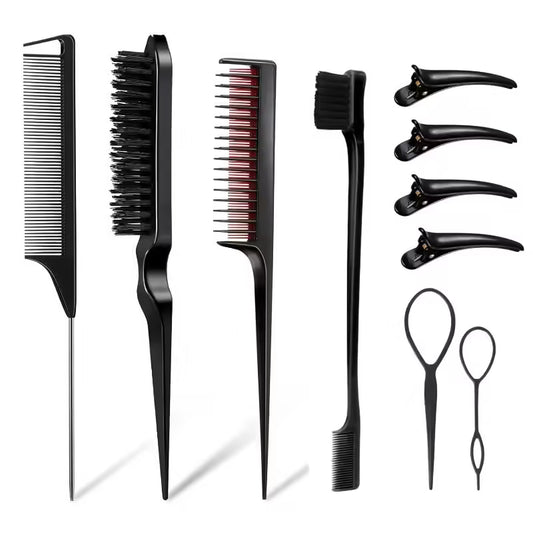 Versatile 10pcs Hair Styling Comb Set - Teasing Brushes, Rat Tail Combs, Edge Brushes, Braid Tools