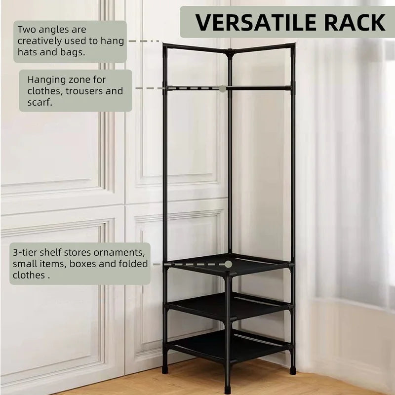 Multifunctional Corner Coat Rack with Shelves – Space Saving Clothes Organizer Stand with Shoe Storage & Double Hanging Rod