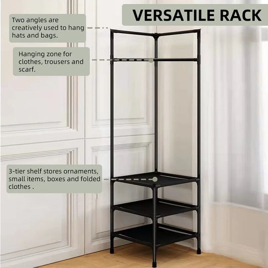 Multifunctional Corner Coat Rack with Shelves – Space Saving Clothes Organizer Stand with Shoe Storage & Double Hanging Rod
