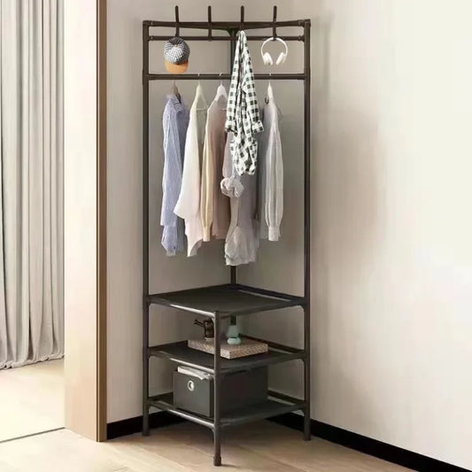 Multifunctional Corner Coat Rack with Shelves – Space Saving Clothes Organizer Stand with Shoe Storage & Double Hanging Rod