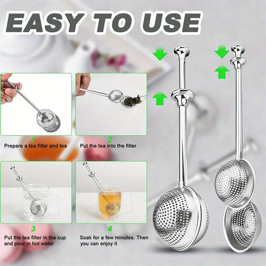 2/4pcs Stainless Steel Tea Strainer Set – Press-Style Infuser & Telescopic Tea Ball Filter for Easy Brewing, Ideal for Home, Office & Restaurant