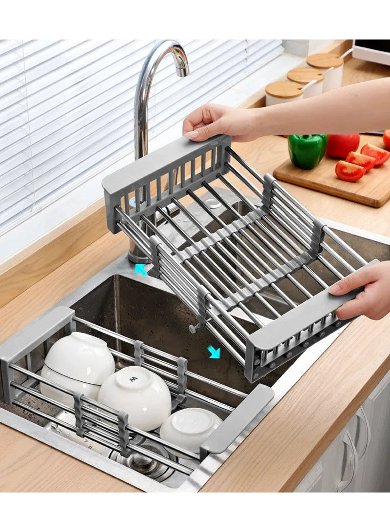 Égouttoir télescopique d'évier en acier inoxydable – Organisateur de cuisine rétractable pour ustensiles et rangement