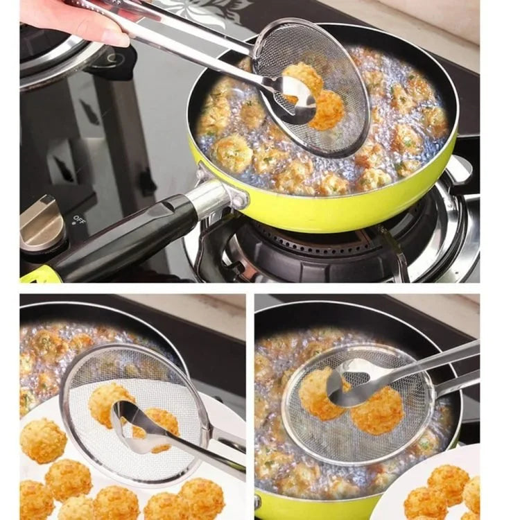 Cuillère-passoire 2-en-1 avec pince – Écumoire de friture et pince alimentaire en acier inoxydable pour la cuisine