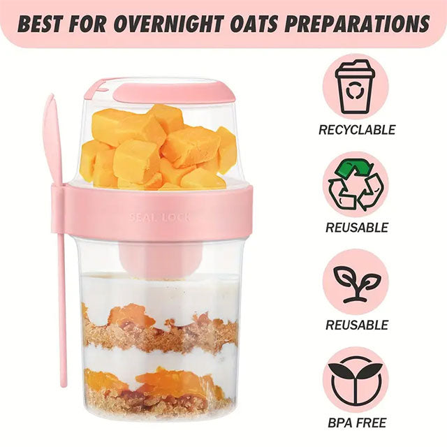 2-Pack Overnight Oats Containers – 2-Tier Portable Breakfast Cups with Lid & Spoon