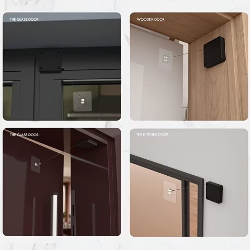 Ferme-porte automatique sans perçage – Tire-câble en acier haute tension de 800 g – Ferme-porte à capteur réglable avec adhésif puissant pour la maison, le bureau et les portes intérieures coulissantes