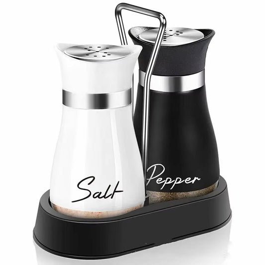 2-Piece Glass Spice Bottle Set with Rack – Adjustable Refillable Salt and Pepper Shakers with Pour Holes