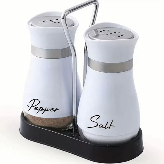 2-Piece Glass Spice Bottle Set with Rack – Adjustable Refillable Salt and Pepper Shakers with Pour Holes
