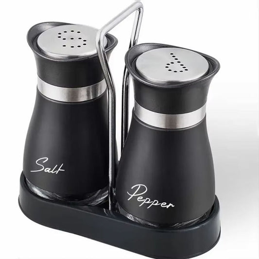 2-Piece Glass Spice Bottle Set with Rack – Adjustable Refillable Salt and Pepper Shakers with Pour Holes