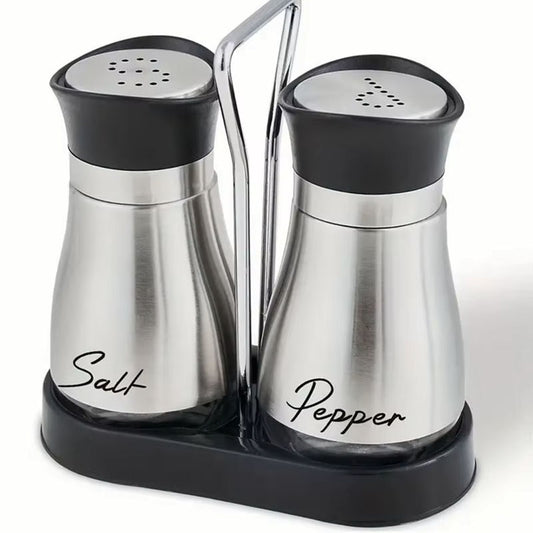 2-Piece Glass Spice Bottle Set with Rack – Adjustable Refillable Salt and Pepper Shakers with Pour Holes