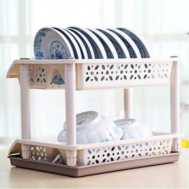 2-Tier Plastic Dish Draining Rack with Tray – Kitchen Drying Storage Organizer
