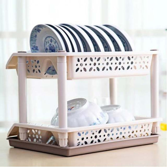 2-Tier Plastic Dish Draining Rack with Tray – Kitchen Drying Storage Organizer