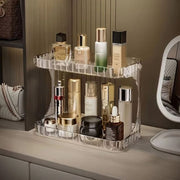 2-Tier Luxury Acrylic Makeup Organizer – Elegant Skincare & Cosmetic Storage Rack – Stackable Vanity Countertop Display (Transparent/Brown)