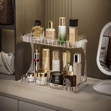 2-Tier Luxury Acrylic Makeup Organizer – Elegant Skincare & Cosmetic Storage Rack – Stackable Vanity Countertop Display (Transparent/Brown)