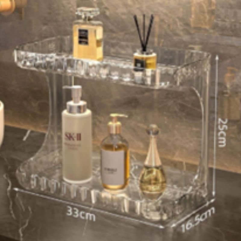 2-Tier Luxury Acrylic Makeup Organizer – Elegant Skincare & Cosmetic Storage Rack – Stackable Vanity Countertop Display (Transparent/Brown)