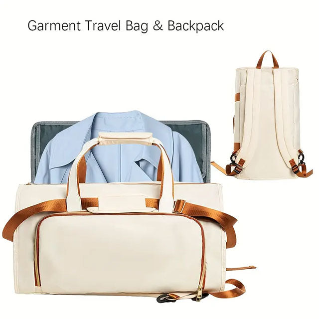 2-in-1 Convertible Garment Bag & Backpack – Beige Travel Duffel with Detachable Suit Bag, Shoe Cover & Shoulder Strap | Carry-On Luggage for Men & Women